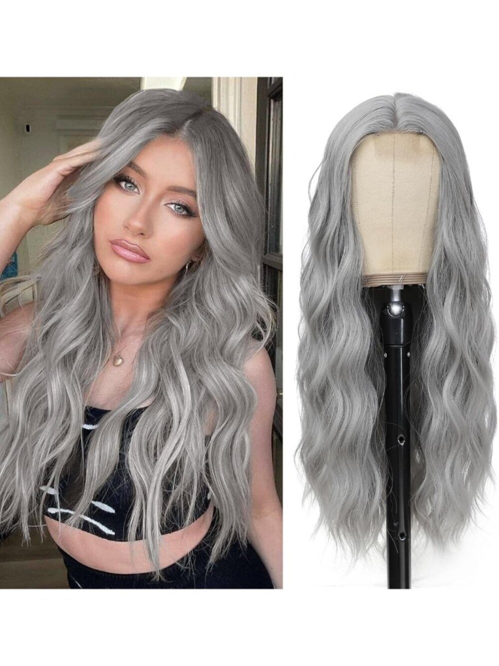Long Silver Wavy Wig - 26" Curly Gray Synthetic Hair for Daily & Party Wear
